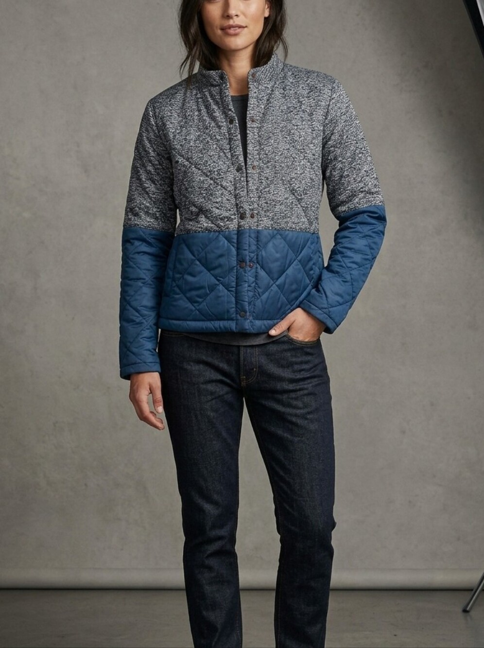 Quilted Two-Tone Blue & Gray Women's Jacket Size Medium